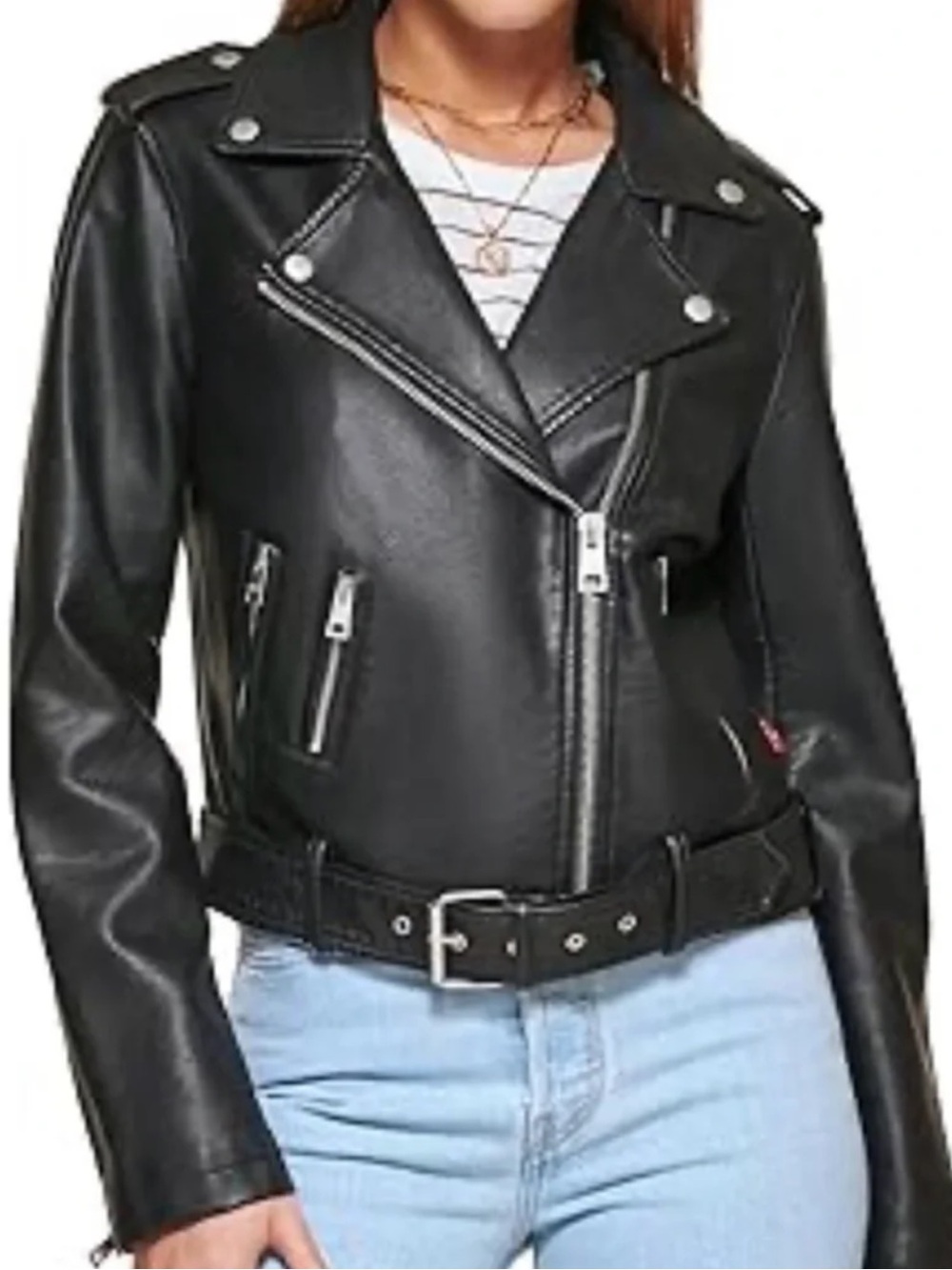 Levi's Black Faux Leather Moto Jacket with Belted Hem